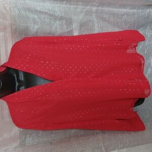 Halogen Red with metallic thread dots, Long Sleeve V-Neck Blouse M